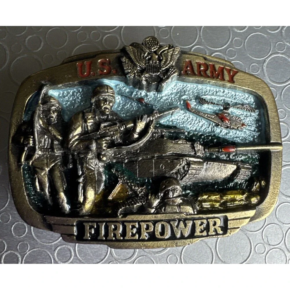 Vintage 1983 US Army Firepower Brass Belt Buckle Great American Co Serial H1071